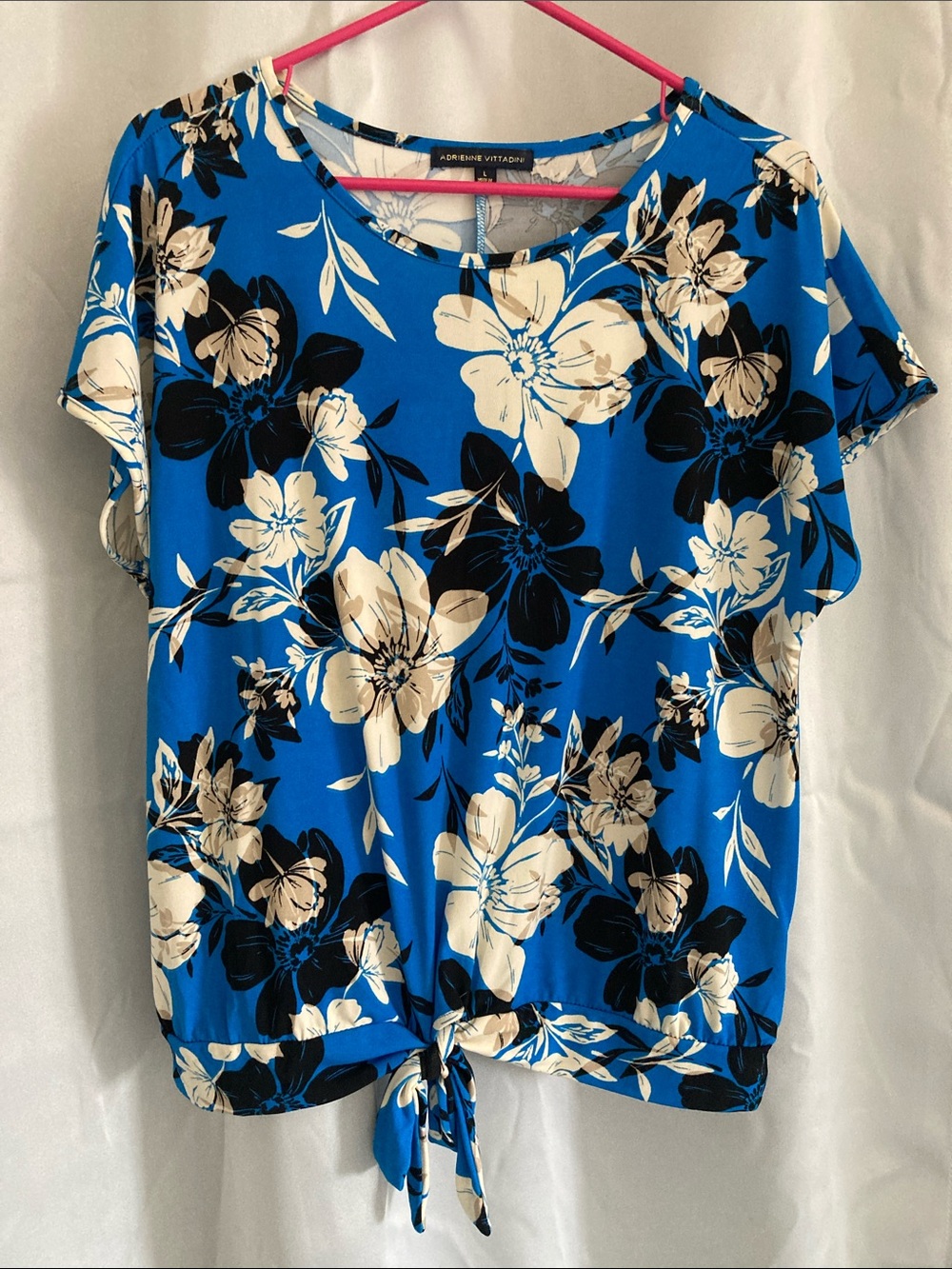 Adrienne Vittadini Blue Floral Tie-Front Short Sleeve Top